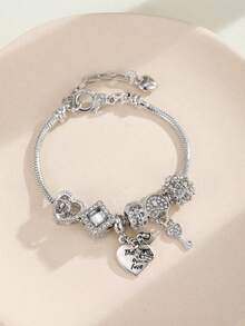 送给女朋友的礼物：银色爱心钥匙吊坠串珠手链，时尚DIY浪漫手链，生日情人节礼物 - 彩色 - 查看 7