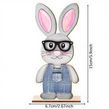 复活节兔子木质桌面摆件 - 可爱的站立兔子摆件，戴着眼镜，穿着牛仔外套，非常适合家庭聚会装饰 - 彩色 - 查看 9
