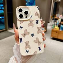 1pc Classic Teddy Bear Bow Knot Litchi Texture TPU Protective Case, Compatible With Apple 17 16 15 14 13 12 11 Plus Pro Max Series, Personalized Ins Style Protective Cover, Minimalist TPU Anti-Drop Fashion Protective Case, High Aesthetic Design, Birthday Gift, Holiday Gift - Beige - View 5