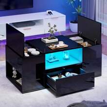 Coffee Table (100 X 50 X 40 Cm), Side Table With One Drawer, Sofa Table With Two Cabinets, High-Gloss Living Room Table With LED Light Strips, Coffee Table With 6 Storage Compartments, Black - Black - View 6