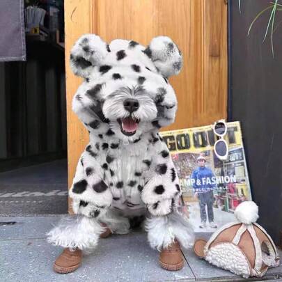 Áo hoodie lông xù họa tiết chấm bi chó Poodle và gấu Teddy, mềm mại và dễ thương, thích hợp mặc hàng ngày, trang phục mùa đông ấm áp ngoài trời cho thú cưng.