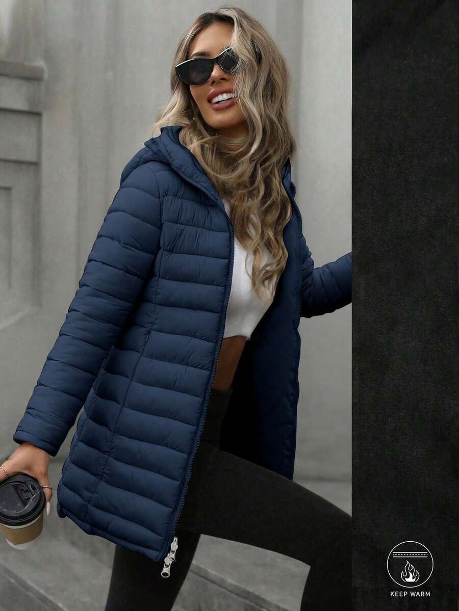 Áo khoác nữ cỡ lớn có mũ - Áo khoác công sở hai mặt có túi, phù hợp cho mùa thu/đông. - Màu xanh lam - Xem 1