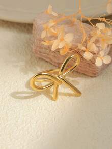 1pc Exquisite And Simple Stainless Steel Gold Bow Ring, Suitable For Girls, Fashionable Everyday Party Jewelry, Stylish Jewelry Gift. - Gold - View 3