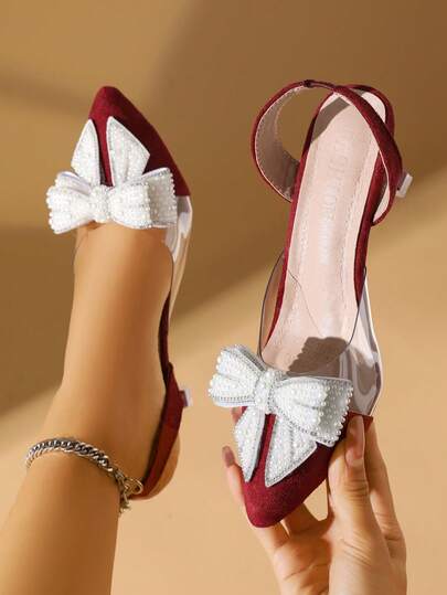 Women's Pearl & Rhinestone Bow Decor Fashion Patchwork Pointed Toe High Heel Mules, Comfortable Closed Toe Slip-On Stilettos