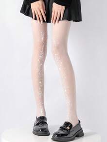 女士优雅透明白色丝袜 - 透气连裤袜（春夏款），可机洗，适合休闲和正式场合，花卉印花图案，舒适贴身 - 多色 - 查看 4