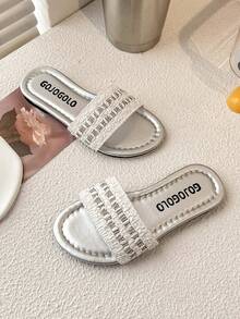 1 Pair Girls' Woven Rhinestone PU Leather Non-Slip Open Toe Flat Sandals, Suitable For Birthday Parties, Children's Dances, And Weekend Family Outings - White - View 6