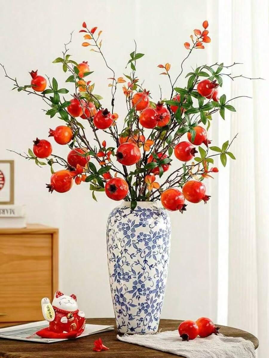 1pc/5pcs Faux Pomegranate Branch Decor, Multi-Fruit Red Pomegranate Floral Arrangement, Home Living Room Dining Table Floral Decor, Suitable For Various Holidays Gifts, Autumn Harvest, Thanksgiving, Halloween, Seasonal Weddings And Home Decor, Faux Flowers, Garden Ornaments Outdoor, Easter Decoration, Artificial Flowers, Flower Bouquet, Plant Pots Outdoor