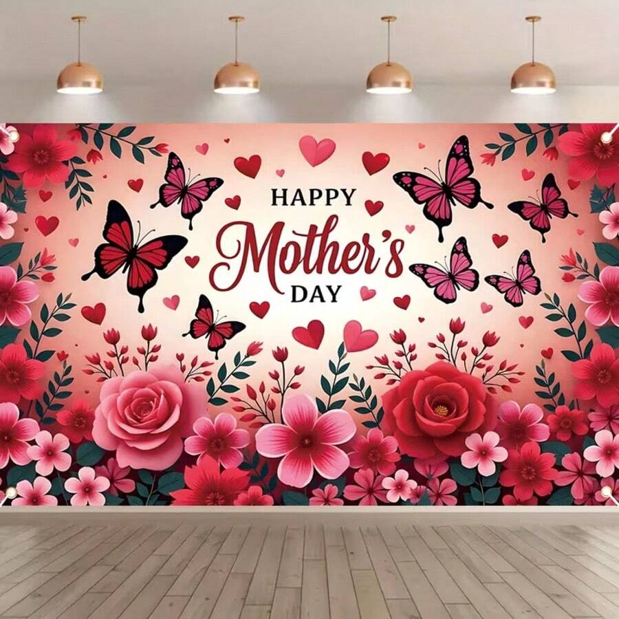1pc Mother's Day Floral Banner - Roses, Butterflies And Heart Polyester Background, Suitable For Indoor/Outdoor Home, Garden Or Party Decoration, Floral Decor - Multicolor - View 1