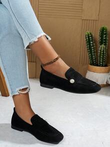 New Fashion Metal Buckle Decor Strap Slip-On Shoes, Stylish Loafers, Comfortable Non-Slip Versatile Design Suitable For Daily Wear And Commuting - Black - View 2