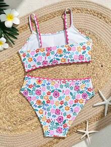 少女比基尼套装，可爱针织圆领可调节肩带数码印花面料两件式泳衣，优雅迷人的欧美时尚休闲泳装，适合夏季游泳、海滩度假 - 彩色 - 查看 2