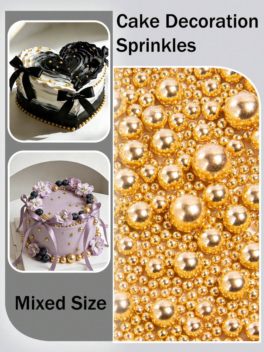 400g/14.1oz Edible Gold Cake Decorating Sprinkles, Mixed-Size Pearl Candies, Ideal For Baking Decor, As Well As Decorating Cakes, Cupcakes, Cookies, Donuts And Ice Cream. Perfect For Birthday, Valentine's Day And Christmas Party Decorations. - Multicolor - View 1