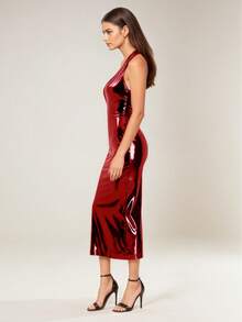 UNITHORSE Solid Color Backless Tie-Knot Faux Leather Dress With Zipper - Red - View 3