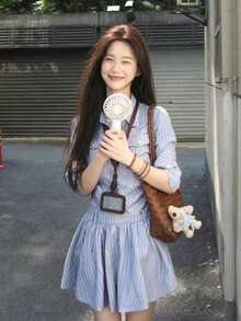 Casual Commuter Striped Front Button Waist Cinched Dress - Blue - View 10