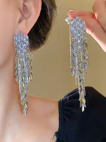 1对时尚立方氧化锆小麦耳夹及叶子流苏耳环，几何夹式耳环，女士派对首饰礼品 - clip - 查看 2