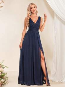 V领薄纱A字伴娘礼服，优雅正式礼服，闪亮长裙，适合婚礼、晚宴及其他场合 - 藏蓝色 - 查看 1