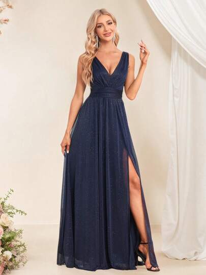 V-Neck Tulle A-Line Bridesmaid Dress, Elegant Formal Gown, Shiny Long Dress, Suitable For Weddings, Galas And Other Occasions