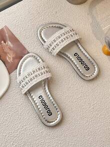 1 Pair Girls' Woven Rhinestone PU Leather Non-Slip Open Toe Flat Sandals, Suitable For Birthday Parties, Children's Dances, And Weekend Family Outings - White - View 4