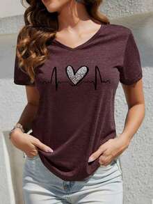 Nt Heart Pattern Crew Neck Short-Sleeve T-Shirt, Summer Style - 白色 - 查看 1