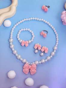 5pcs/Set Girls' Cute Bowknot & Faux Pearl Jewelry Set, Including Necklace, Bracelet, Earrings And Ring, Elegant Princess Style Gift, Suitable For Daily Wear, Birthday, Holiday, Back To School