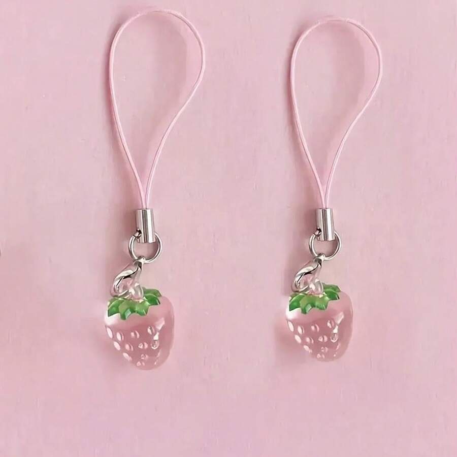 Two Cute Strawberry Phone Pendants - Pink & Red, Durable Acrylic Material, Perfect For Bags And Keys, Fun And Functional Accessory For Mobile Phones, Cute Phone Accessories - 彩色 - 查看 1