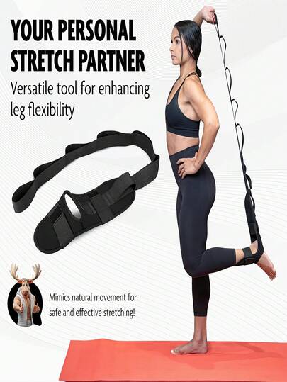 1件装足底筋膜炎缓解腿部拉伸器及踝带 - 中等阻力黑色健身带，适用于瑜伽、普拉提、体操和跑步 - 每日使用10分钟，可改善血液循环，减轻肌肉酸痛，增强柔韧性，运动训练器材，提供足弓支撑，握感舒适