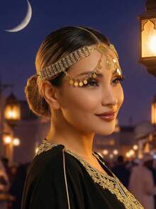 1pc Gold Coin Tassel Headchain, Arabic Style Wavy Tassel Rhinestone Flower Women Hair Chain, Bridal Luxury Hair Jewelry, Women's Party Jewelry