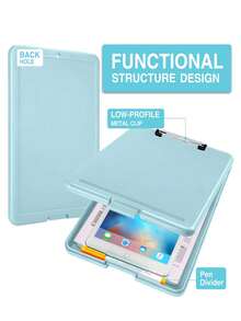 1pc A4 File Folder Board With Storage, High Capacity Office Clipboard With Pen Holder, Metal Clip, Wear-Resistant, Smooth Surface For Writing, Suitable For Writing, Learning, Interviews, Sketching, Applicable For Teachers, Schools, Stationery Stores, Construction Sites, Homes And Other Occasions - Multicolor - View 2