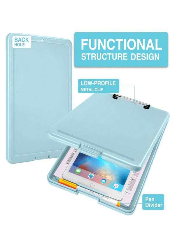1pc A4 File Folder Board With Storage, High Capacity Office Clipboard With Pen Holder, Metal Clip, Wear-Resistant, Smooth Surface For Writing, Suitable For Writing, Learning, Interviews, Sketching, Applicable For Teachers, Schools, Stationery Stores, Construction Sites, Homes And Other Occasions
