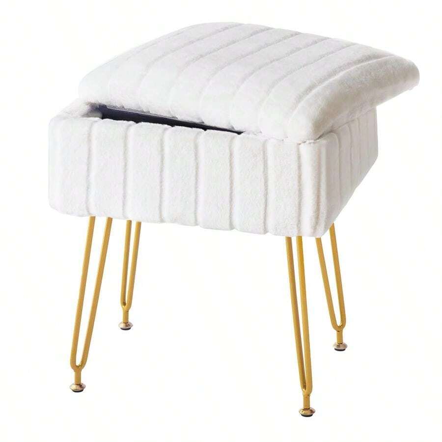 de cambiador con almacenamiento, silla de maquillaje de piel sintetica blanca con 4 patas de metal y pies antideslizantes, asiento acolchado suave, reposapies pequeo otomano, taburete - Blanco - Ver 1