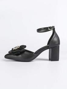 Women's Bow & Rhinestone Decor Chunky Heel Pointed Toe Ankle Strap High Heels, French Chic Style, Summer Black High Heels - Black - View 5