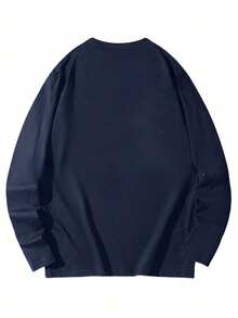 210g Pure Cotton Men's Versatile Loose Long Sleeve Top, New Fashion Holiday Print Round Neck Casual T-Shirt - 藏蓝色 - 查看 2