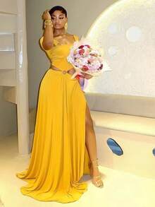 Vestido Largo de Fiesta Liso con Anillos Metálicos Pliegues Abertura Asimétrico - Amarillo - Ver 1