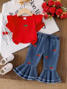 2pcs Baby Girl Fashionable & Elegant Sweet Cherry Embroidery Flutter Sleeve Round Neck Cap Sleeve T-Shirt Top And Cherry Embroidery Double Ruffle Flare Leg Denim Pants Set - Red - View 1