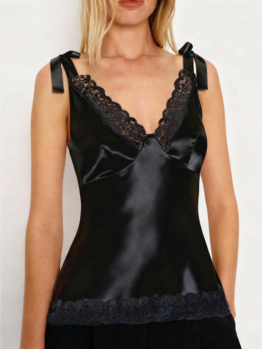 Women's Elegant Silk Satin Tank Top, Fashionable Sleeveless Glossy Blouse, Sophisticated High Neck Formal Office Shirt, Elegant Solid Color Evening Party Vest - 黑色 - 查看 1