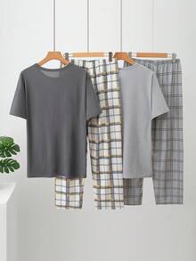 4pcs Men's Summer Lightweight Pajama Set, Short Sleeve Top And Long Pants - Multicolor - View 2
