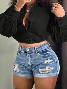 女士中腰卷边弹力紧身牛仔短裤，浅蓝色水洗做旧毛边性感短裤 - 淺色水洗藍 - 查看 1