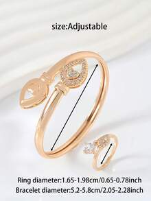 2 Pcs 18K Gold-Plated Elegant And Stylish Water Drop Heart Open Design Bracelet Ring Set With Shiny Cubic ,Simple And Versatile Women's Jewelry, Suitable For Daily Wear And Dates. An Ideal Gift For Valentine's Day Or New Year.