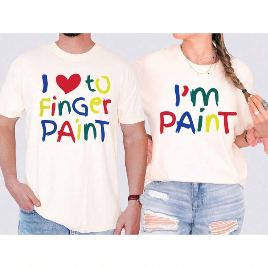 1PC Funny Couples Matching Shirts, I Love To Finger Paint I'm Paint, Funny Husband Wife Shirts, Valentine Matching Couple Tshirt - 女-白色 - 查看 1
