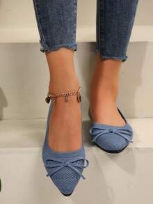 Summer Knitted Pointed Toe Flat Shoes For Women, Blue Bow Tie Breathable Slip-On Casual Loafers - Blue - View 5