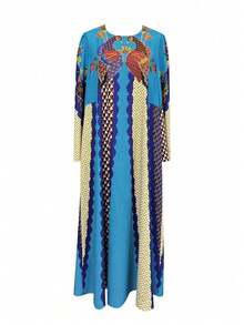 Abito elegante da donna con stampa fenice, stile mediorientale - Blu Navy - Visualizzare 2