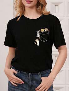 Black Short-Sleeved T-Shirt With A Fun Cat Pocket Graphic Design - Ideal For Cat Lovers, With A Casual And Modern Style, Perfect To Combine With Jeans - A Unique Gift For Birthdays, Valentine's Day Or Any Special Occasion. - 黑色 - 查看 1