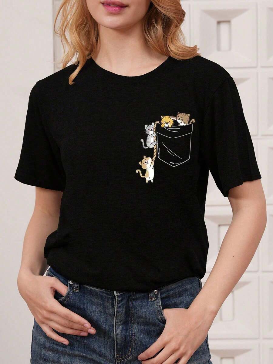 Black Short-Sleeved T-Shirt With A Fun Cat Pocket Graphic Design - Ideal For Cat Lovers, With A Casual And Modern Style, Perfect To Combine With Jeans - A Unique Gift For Birthdays, Valentine's Day Or Any Special Occasion. - 黑色 - 查看 1