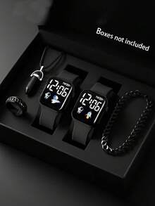 5pcs Fashion Minimalist Children's Electronic Watch With Pendant Accessories Set, Black, Silicone Strap, Square Shape, Suitable For Boys, Suitable For Daily, Festival And Various Occasions, Matching Fashionable Pendant Accessories, Suitable As A Gift, One Size, No Box - Black - View 2