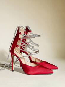 Women's Pointed Toe Stiletto Heels With Hollow Out, Zipper Back, Rhinestone Strap Design, Sexy & Fashionable Red High Heels For Party Wear - Red - View 5