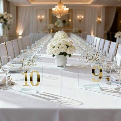 Conjunto de 10 placas de mesa em acrílico com números, design moderno e minimalista com suporte, ideais para recepções de casamento, festas, formaturas, aniversários e decoração de casa.