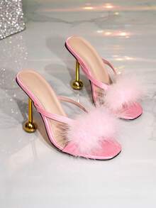 Furry High Heels, Square Toe Delicate Sexy High Heels - Pink - View 2