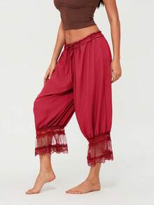 Women Y2K Half Slip Under Dress Pettipants Mid Rise Lace Patchwork Bloomers Trousers Ruffle Pantaloons Cropped Flared Pants Cute Pumpkin Long Pants - Cam đỏ - Xem 4