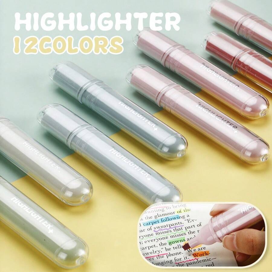 12-Color Soft Pastel Highlighter Pen Set, Large Capacity, Multi-Color Options, Student Stationery, Fluorescent Marker, Non-Bleed, Slanted Tip Design For Bible, Planner, Drawing, Office Coloring - Highlighter - View 1