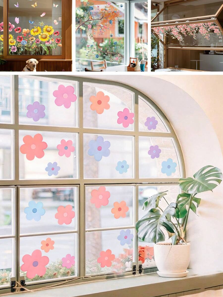 BRUP 1/3sheets/Set Colorful Floral Window Stickers, Static Cling Vinyl Decals, Suitable For Bedroom And Living Room Windows, Glass Decoration, Spring Floral Decorative Art