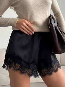 Satin Silk Boxers Shorts For Women Y2k Lace Trim Micro Mini Pajama Shorts French Knickers Low Rise Coquette Lounge Slip Pj Bottoms - 黑色 - 查看 1
